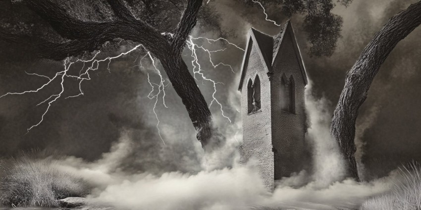 Violent Storm with Lightning Striking Large Tree