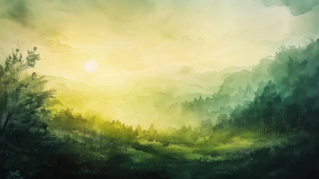 Watercolor Landscape at Sunrise with Green Hills and Forest