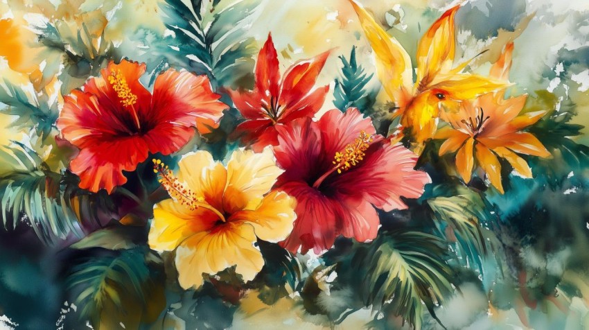 Vibrant Tropical Flowers in Bold Watercolor