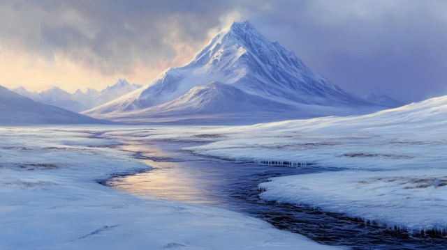 Icy Mountain and Misty Tundra River