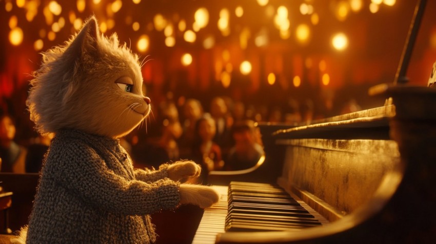 Poodle Cat Performing Piano Concert in Warm Lights