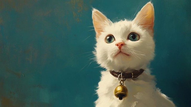 Charming White Cat with a Bell