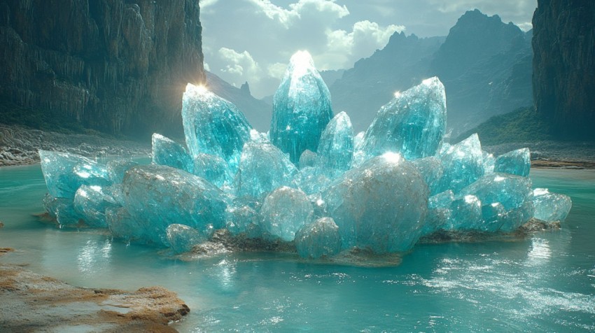 Alien Crystal Landscape with Turquoise River and Mountains