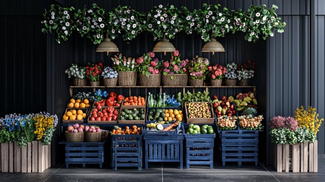 Modern Farmers Market Stand in Blue and White Design