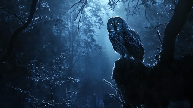 Great Grey Owl in Mysterious Night Forest Scene
