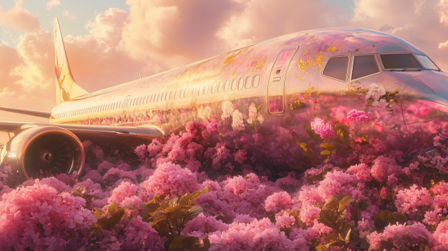 Airplane Surrounded by Pink Flowers at Sunset