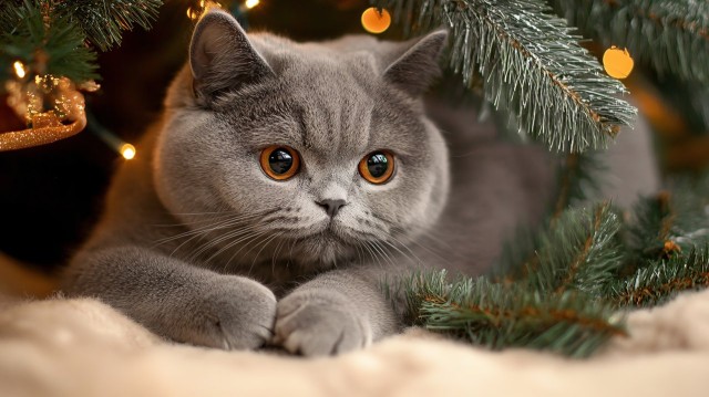 Realistic Cat by Christmas Tree in Cozy Holiday Scene