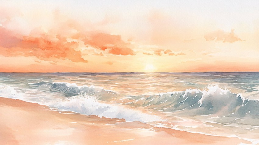 Sunset Beach with Gentle Waves in Watercolor Style
