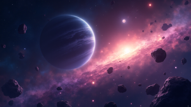 Distant Planet with Asteroids in Outer Space and Nebula