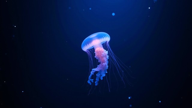 Bioluminescent Jellyfish Floating Gracefully in Deep Ocean