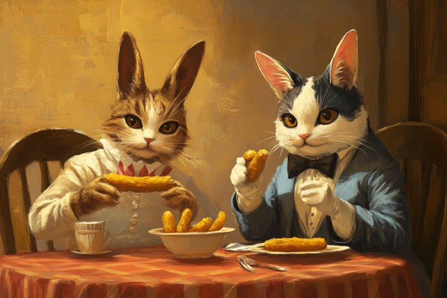 Masked Rabbit and Maine Coon Cat Making Churros