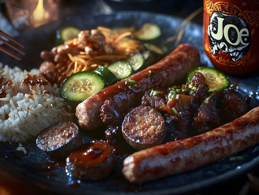 Sausage, Zucchini, Rice, Soy Sauce, Hot Sauce