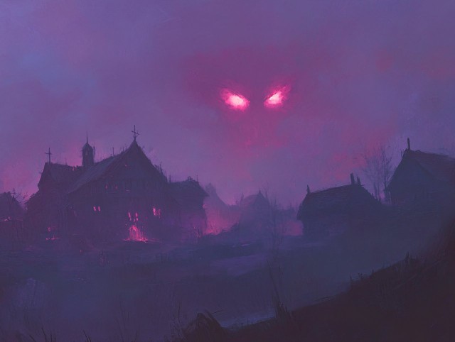 Red Glowing Eyes Over Foggy Medieval Village