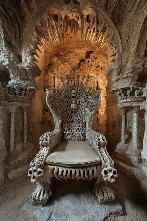 Bone-Adorned Gothic Throne in Stone Chamber