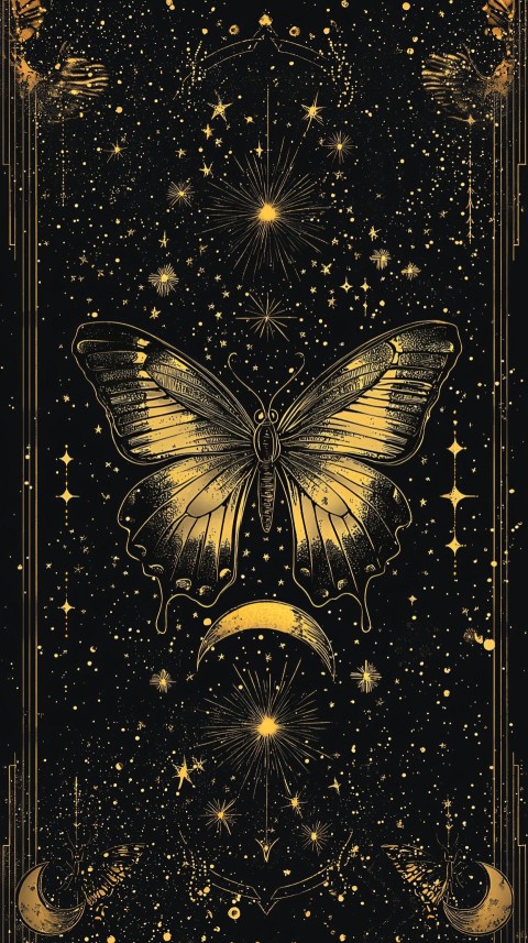 Mystical Golden Butterfly Surrounded by Stars and Moons Illustration