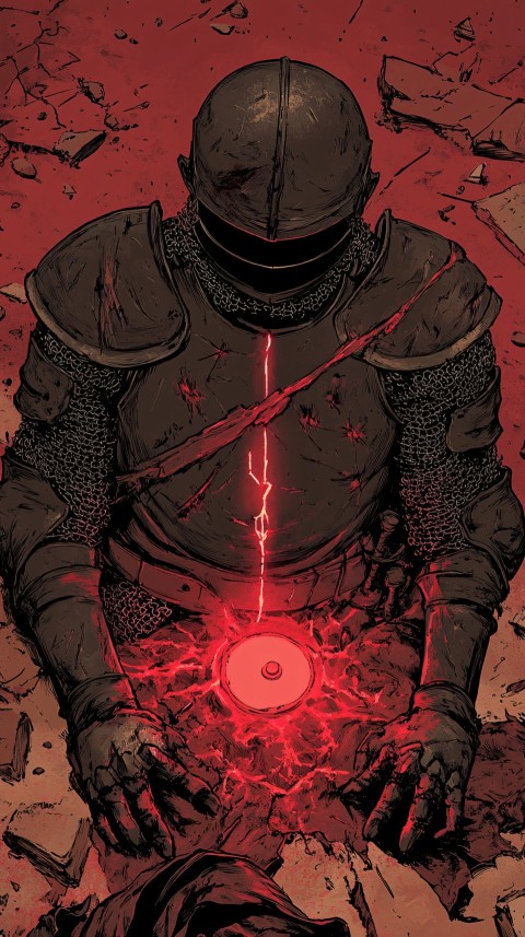 Knight in Worn Black Armor with Strange Aura Emitting