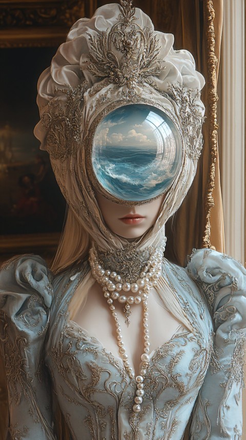 Rococo Figure with Glass Head and Seascape Reflection