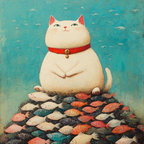 White Cat with Red Collar on Fish Mountain