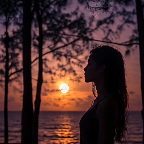 Silhouette of Asian Woman by Moonlit Seaside Forest