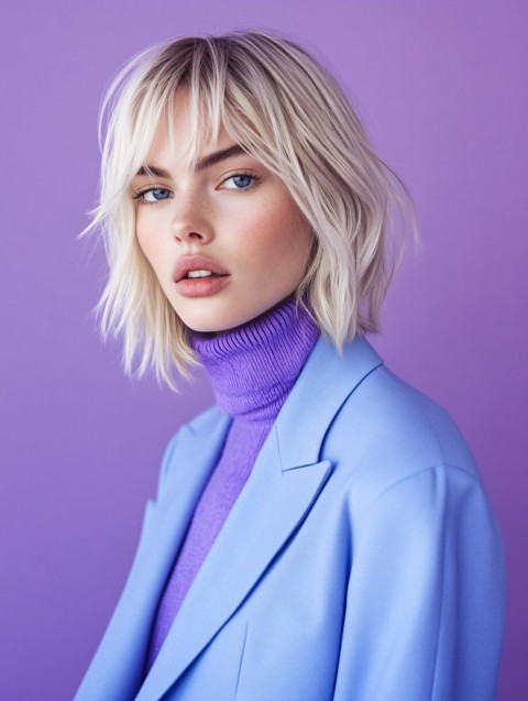 Chic Blonde Model in Blue and Purple