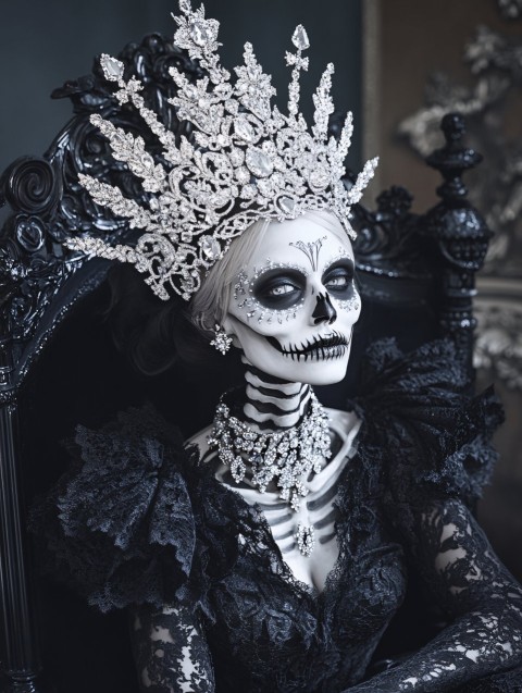 Skeleton Queen on Diamond Throne in Gothic Setting